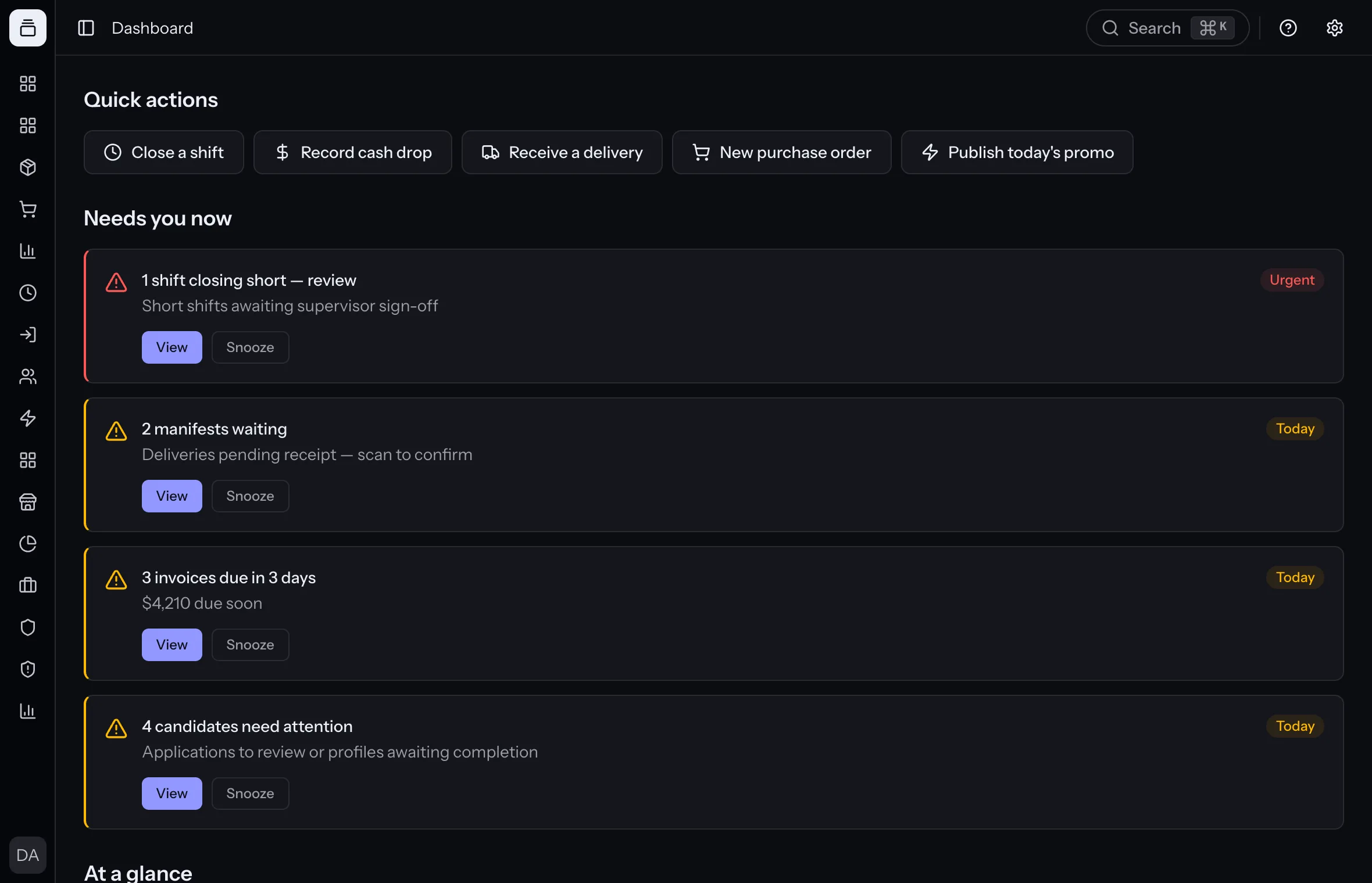 The BudLogix home screen, showing what needs a person today