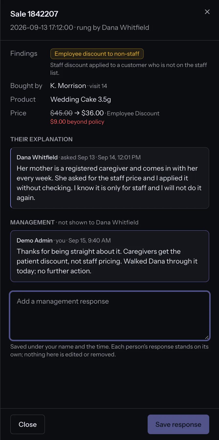 One exception opened, with the explanation the person who rang it gave